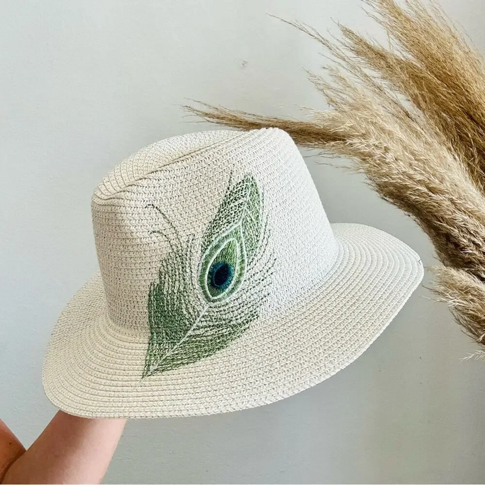 VINTAGE NORDSTROM Cream Tan Straw Wide Visor Brim Green Peacock Fedora Sun Hat
